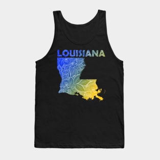 Colorful mandala art map of Louisiana with text in blue and yellow Tank Top